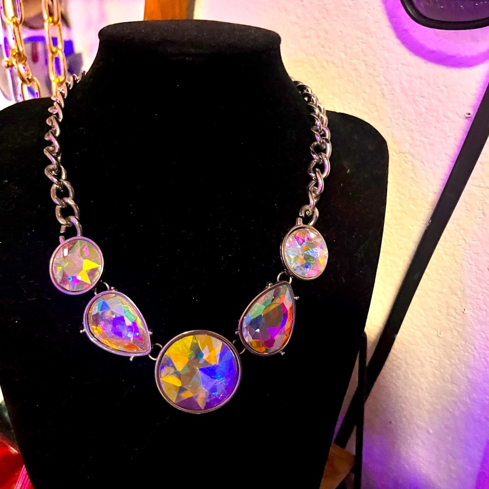 5 Big Stone Rainbow Iridescent Pendant Necklace w Silver chain & lobster clasp